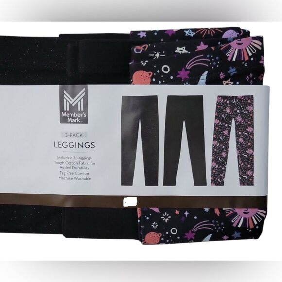 NWT - Girls Kids Leggings 3-Pack - 1 Black - 1 Sparkle - 1 Floral - Size 4/5 - Picture 1 of 9